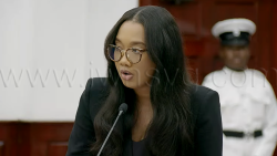 Government Senator Chelsea Alexander piloting the motion in support of the establishment of a development bank in Parliament on Tuesday, April 21, 2026. 