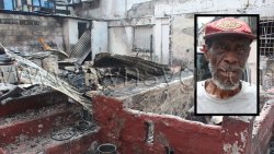 Former national footballer, George “Fatpants” Forbes, inset, and the remains of the house that was destroyed by fire on Thursday night. 