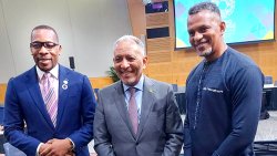 From left: ECCB Governor Timothy N.J. Antoine; Prime Minister of St. Vincent and the Grenadines, Godwin Friday; and President of the Caribbean Development Bank, Daniel M. Best, after a meeting of the IMF’s Western Hemisphere Department and Caribbean ministers of finance and central bank governors in Washington on Wednesday, April 15, 2026.