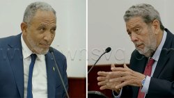 Prime Minister Godwin Friday, left, and Opposition Leader Ralph Gonsalves in Parliament on Tuesday, April 21, 2025.
