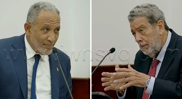 Prime Minister Godwin Friday, left, and Opposition Leader Ralph Gonsalves in Parliament on Tuesday, April 21, 2025.