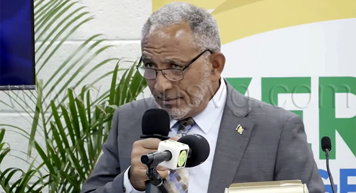 Prime Minister Godwin Friday speaking at the Zero Hunger Trust Fund National Zero Hunger Dialogue and 10th Anniversary Commemorative Launch in Kingstown on Wednesday, April 1, 2026.