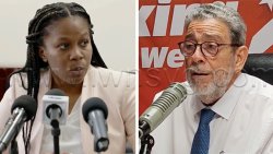 Senator and Minister of State in the Ministry of Education, etc., Lavern King, left, and  Opposition Leader Ralph Gonsalves. 