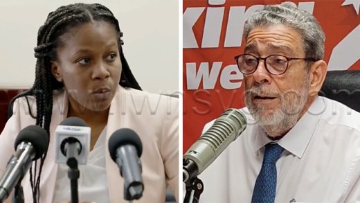 Senator and Minister of State in the Ministry of Education, etc., Lavern King, left, and  Opposition Leader Ralph Gonsalves. 