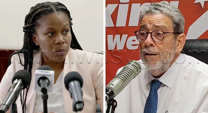 Senator and Minister of State in the Ministry of Education, etc., Lavern King, left, and  Opposition Leader Ralph Gonsalves. 