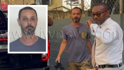Nicholas Huggins, seen in a photograph outside the Serious Offences Court on Tuesday, March 31, 2026, and in a police photo, inset, has been charged with possession of an unlicensed firearm and ammunition. 