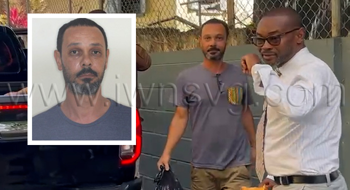 Nicholas Huggins, seen in a photograph outside the Serious Offences Court on Tuesday, March 31, 2026, and in a police photo, inset, has been charged with possession of an unlicensed firearm and ammunition. 