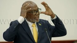 Deputy Prime Minister and Minister of National Security, St. Clair Leacock speaking in Parliament on Tuesday, April 21, 2026. 