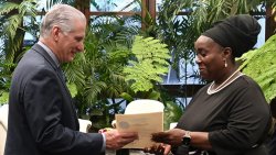 Angella Jackson, ambassador of St. Vincent and the Grenadines to Cuba, right, presents her letter of credence to the President of Cuba, Miguel Díaz-Canel, in the presence of Acting Minister of Foreign Affairs Gerardo Peñalver Portal in Havana, Cuba, on Thursday, May 14th, 2026.