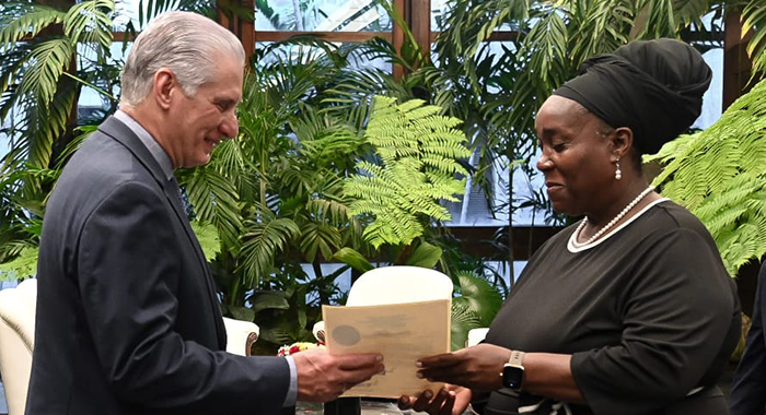 Angella Jackson, ambassador of St. Vincent and the Grenadines to Cuba, right, presents her letter of credence to the President of Cuba, Miguel Díaz-Canel, in the presence of Acting Minister of Foreign Affairs Gerardo Peñalver Portal in Havana, Cuba, on Thursday, May 14th, 2026.
