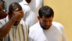 Alister Haynes, left, and Frank Garcia outside the Serious Offences Court in Kingstown on Thursday, May 14, 2026.