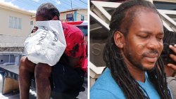 The accused, Keswert Slater, left, outside the Serious Offences Court on Thursday, May 7, 2026, and outside the Kingstown Magistrate's Court in May 2020.