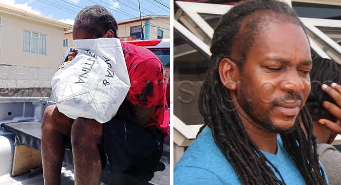 The accused, Keswert Slater, left, outside the Serious Offences Court on Thursday, May 7, 2026, and outside the Kingstown Magistrate's Court in May 2020.
