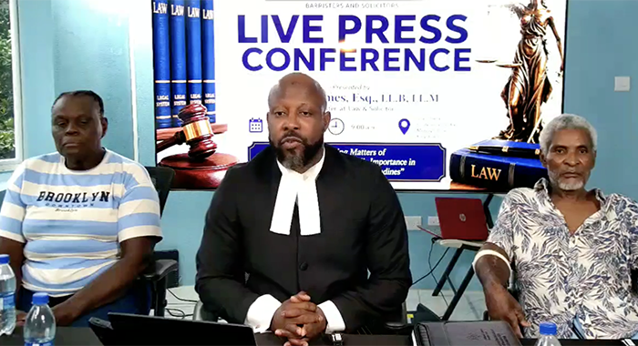 Lawyer and Senator Carlos James, centre, and police shooting victim Louis Mercury, right, and Anesta Harris-Robinson, mother of Kenton Harris, who police were filmed beating in Kingstown.