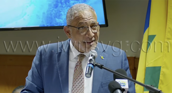 Prime Minister Godwin Friday speaking at the development partners roundtable in Kingstown on Tuesday, June 9, 2026.