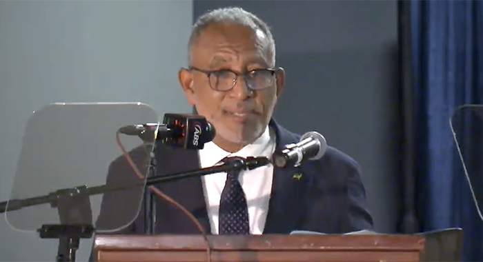 Outgoing Organisation of Eastern Caribbean States (OECS) Authority chair and Prime Minister of St. Vincent and the Grenadines, Godwin Friday, speaking in Antigua on Sunday, June 21, 2026.