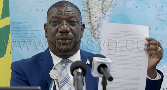 Minister of Agriculture Israel Bruce speaking at a press conference in Kingstown on Thursday, June 18, 2026.