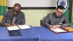 Minister of Health, Wellness, Environmental Health and Energy of St. Vincent and the Grenadines, Daniel Cummings and Subhash Prasad Gupta, high commissioner, of India to SVG.