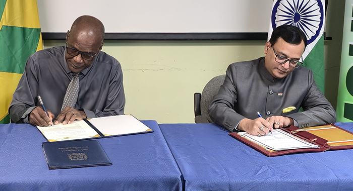 Minister of Health, Wellness, Environmental Health and Energy of St. Vincent and the Grenadines, Daniel Cummings and Subhash Prasad Gupta, high commissioner, of India to SVG.