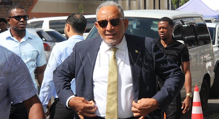 Prime Minister Godwin Friday arrives at the High Court in Kingstown on Wednesday, July 29, 2026.