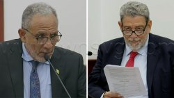 Prime Minister Godwin Friday, left, and Opposition Leader Ralph Gonsalves in Parliament on Thursday, July 2, 2025. 