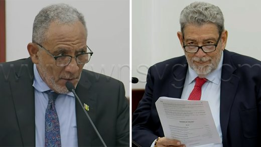 Prime Minister Godwin Friday, left, and Opposition Leader Ralph Gonsalves in Parliament on Thursday, July 2, 2025. 