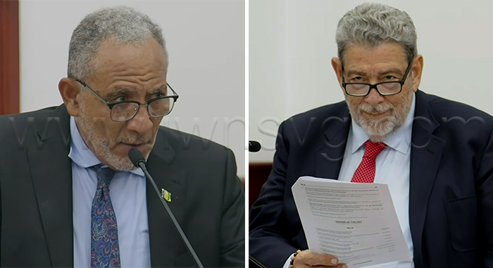 Prime Minister Godwin Friday, left, and Opposition Leader Ralph Gonsalves in Parliament on Thursday, July 2, 2025. 