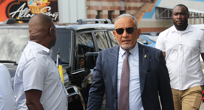 Prime Minister Godwin Friday arrives at the High Court in Kingstown on Tuesday, July 28, 2026. 