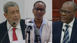 Opposition Leader Ralph Gonsalves, Chief Medical Officer Dr. Simone Keizer Beache, Health Minister Daniel Cummings. 