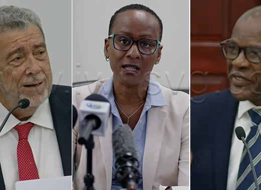 Opposition Leader Ralph Gonsalves, Chief Medical Officer Dr. Simone Keizer Beache, Health Minister Daniel Cummings. 