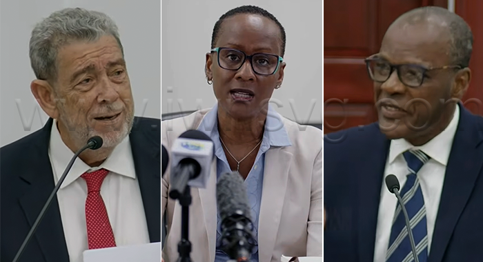 Opposition Leader Ralph Gonsalves, Chief Medical Officer Dr. Simone Keizer Beache, Health Minister Daniel Cummings. 