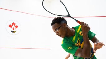 Jayden George's backhand shot at the World Squash Junior Championships 2026. 