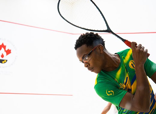 Jayden George's backhand shot at the World Squash Junior Championships 2026. 