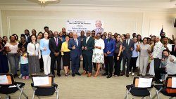 Prime Minister Godwin Friday and his wife, Ave Friday, pose with Vincentians in Taiwan and their guests during a luncheon in Taipei, Taiwan on Saturday, Aug. 15, 2026.