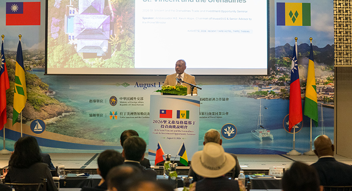 Minister of Foreign Affairs, Foreign Trade and Foreign Investment, Dwight Fitzgerald Bramble, speaking at the 2026 St. Vincent and the Grenadines Trade and Investment Opportunity Seminar in Taipei on Wednesday, Aug. 12, 2026. (Photo: Taiwan Minister of Foreign Affairs)