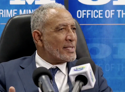 Prime MInister Godwin Friday speaking at a press conference in Kingstown on Tuesday, Aug. 18, 2026.
