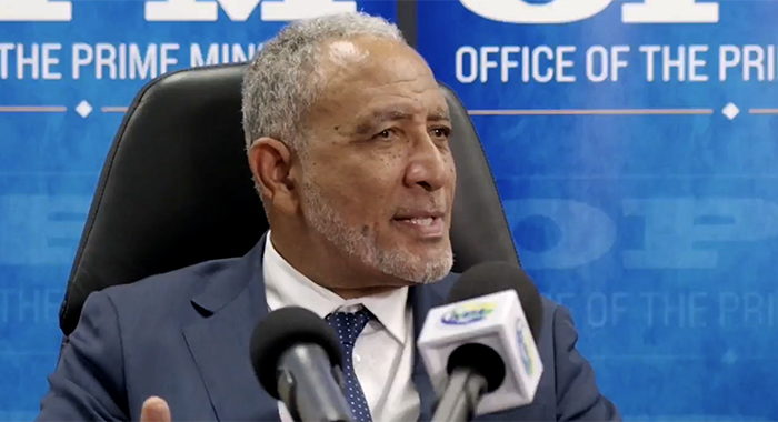 Prime MInister Godwin Friday speaking at a press conference in Kingstown on Tuesday, Aug. 18, 2026.