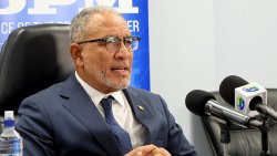 Prime MInister Godwin Friday speaking at a press conference in Kingstown on Tuesday, Aug. 18, 2026.