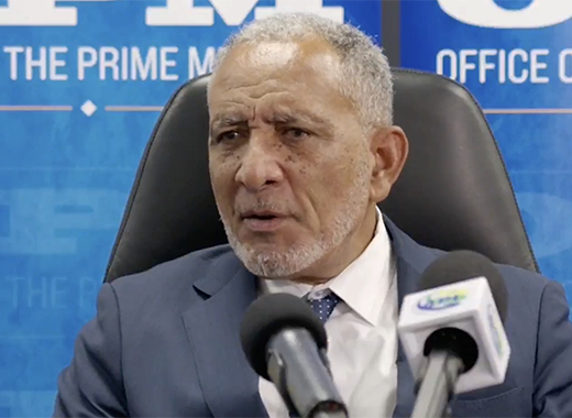 Prime MInister Godwin Friday speaking at a press conference in Kingstown on Tuesday, Aug. 18, 2026.