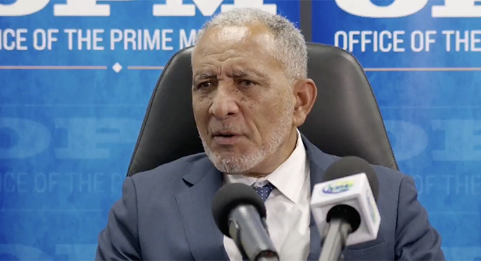 Prime MInister Godwin Friday speaking at a press conference in Kingstown on Tuesday, Aug. 18, 2026.