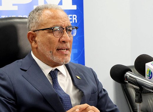 Prime MInister Godwin Friday speaking at a press conference in Kingstown on Tuesday, Aug. 18, 2026.