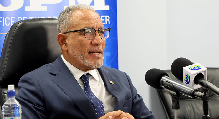 Prime MInister Godwin Friday speaking at a press conference in Kingstown on Tuesday, Aug. 18, 2026.