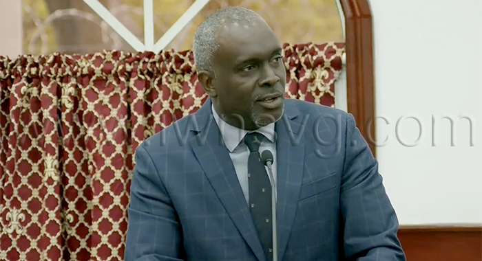 Minister of Education, Vocational Training and Innovation, Digital Transformation, and Information, Phillip Jackson, speaking in Parliament on Thursday, Aug. 27, 2026.