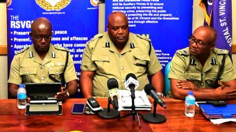 From left: Acting Deputy Commissioner of Police Junior Simmons, acting Commissioner of Police Trevor “Buju” Bailey and acting Assistant Commissioner of Police with responsibility for crime fighting, Brenton Smith. (Photo: Facebook/API)
