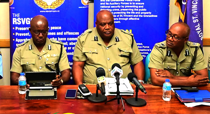 From left: Acting Deputy Commissioner of Police Junior Simmons, acting Commissioner of Police Trevor “Buju” Bailey and acting Assistant Commissioner of Police with responsibility for crime fighting, Brenton Smith. (Photo: Facebook/API)