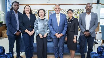 Prime Minister of St. Vincent and the Grenadines, Godwin Friday (in necktie), along with Taiwan Ambassador to SVG, Fiona Fan, and some members of the delegation at Argyle International Airport on Sunday, Aug. 9, 2026.