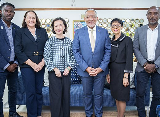 Prime Minister of St. Vincent and the Grenadines, Godwin Friday (in necktie), along with Taiwan Ambassador to SVG, Fiona Fan, and some members of the delegation at Argyle International Airport on Sunday, Aug. 9, 2026.