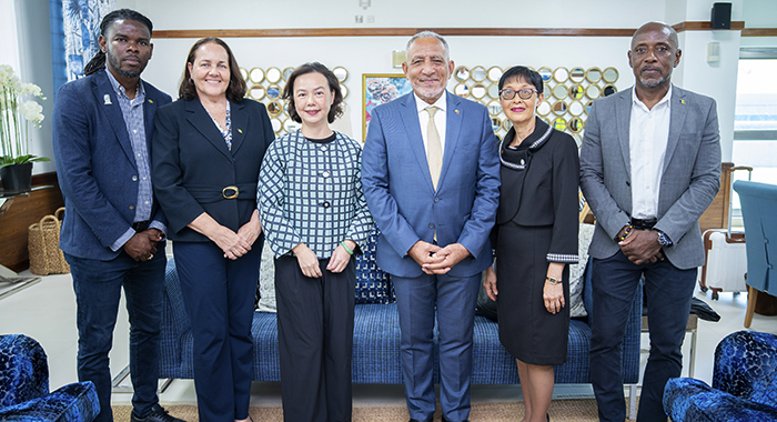 Prime Minister of St. Vincent and the Grenadines, Godwin Friday (in necktie), along with Taiwan Ambassador to SVG, Fiona Fan, and some members of the delegation at Argyle International Airport on Sunday, Aug. 9, 2026.