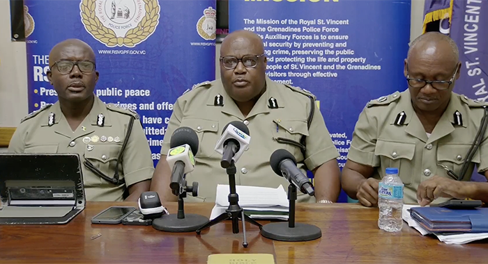 From left: Acting Deputy Commissioner of Police Junior Simmons, acting Commissioner of Police Trevor “Buju” Bailey and acting Assistant Commissioner of Police with responsibility for crime fighting, Brenton Smith. 
