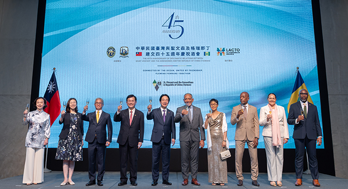 Prime Minister of St. Vincent and the Grenadines, Godwin Friday, Taiwan President Lai Ching-te and officials from both countries toast the 45 years of diplomatic relations in Taipei on Wednesday, Aug. 12, 2026. (Photo: Office of the President, Republic of China)